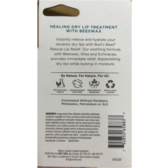 Burts Bees Rescue Lip Relief w/Shea Butter/Echinacea, 100% Natural Origin, 2Pack - Picture 2 of 7